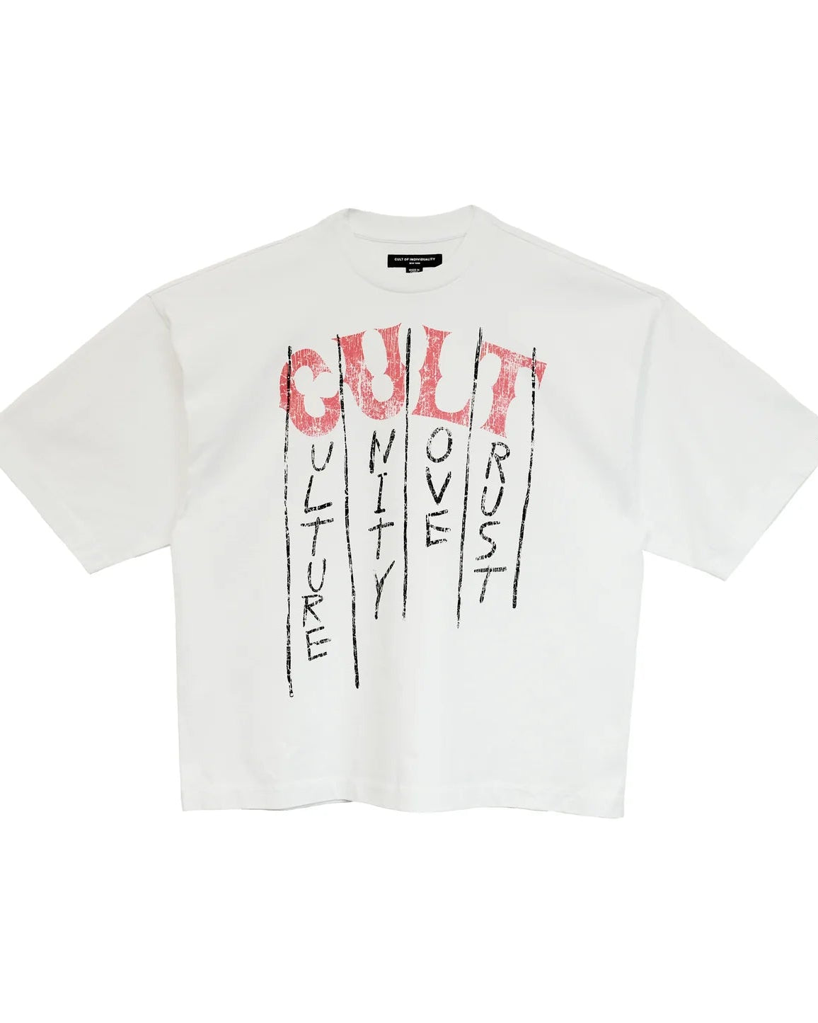 White t-shirt with red and black text on a white background