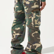 Camouflage pants worn by a person on a white background