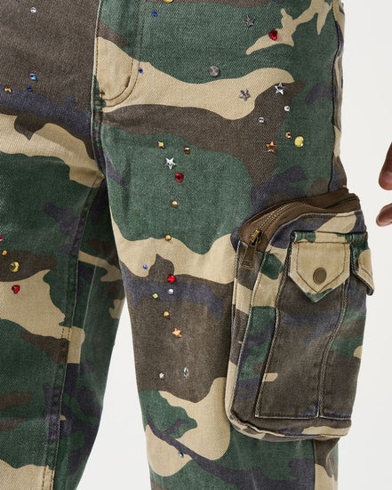 Camouflage pants with decorative elements on a white background