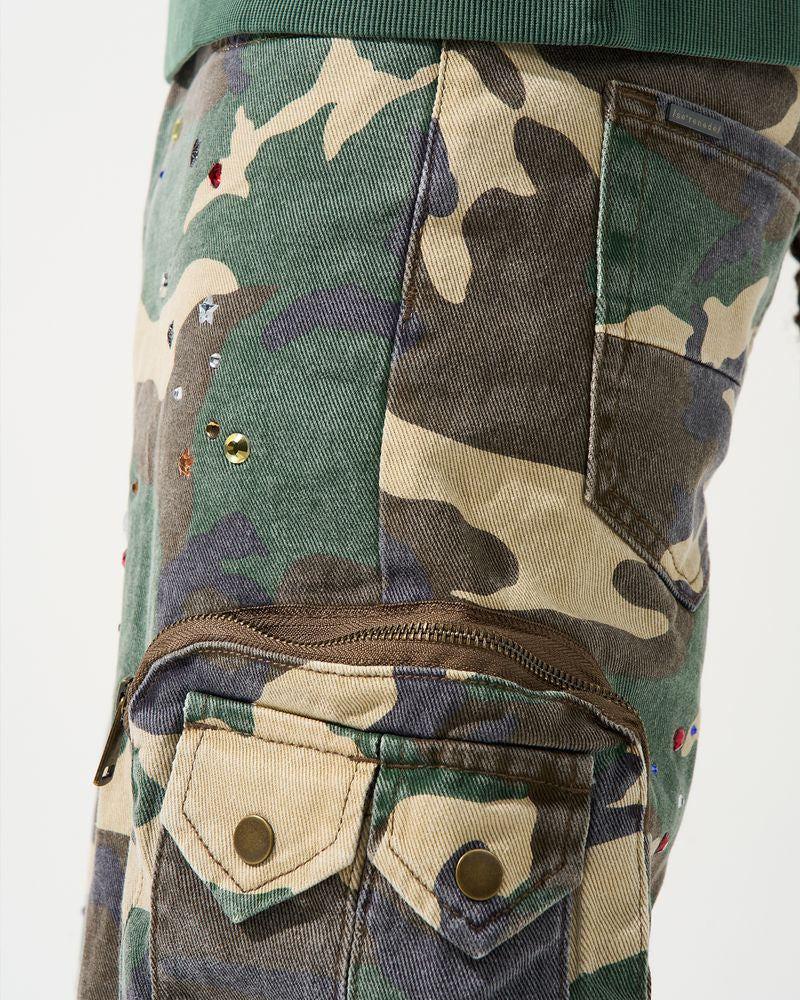 Camouflage pants with multiple pockets and zippers on a white background