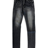 A pair of slim-fit jeans in washed black denim with faded gray whiskering and distressing, shown flat against a white background.