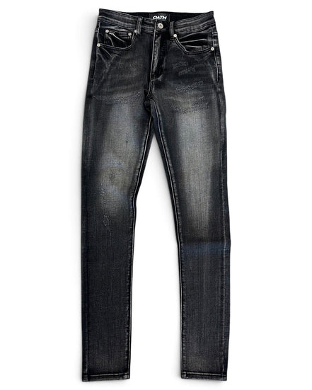 A pair of slim-fit jeans in washed black denim with faded gray whiskering and distressing, shown flat against a white background.