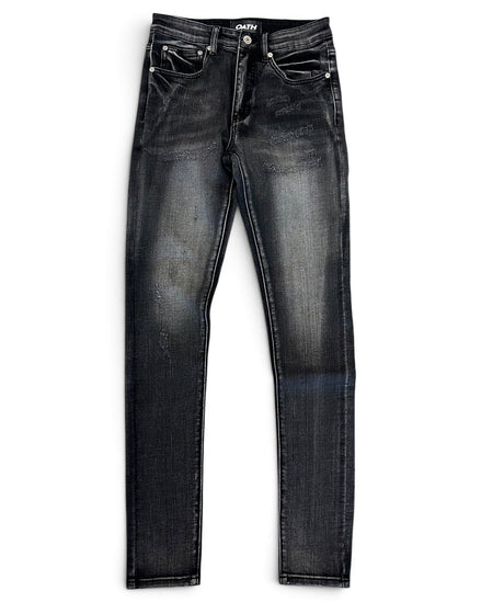 A pair of slim-fit jeans in washed black denim with faded gray whiskering and distressing, shown flat against a white background.