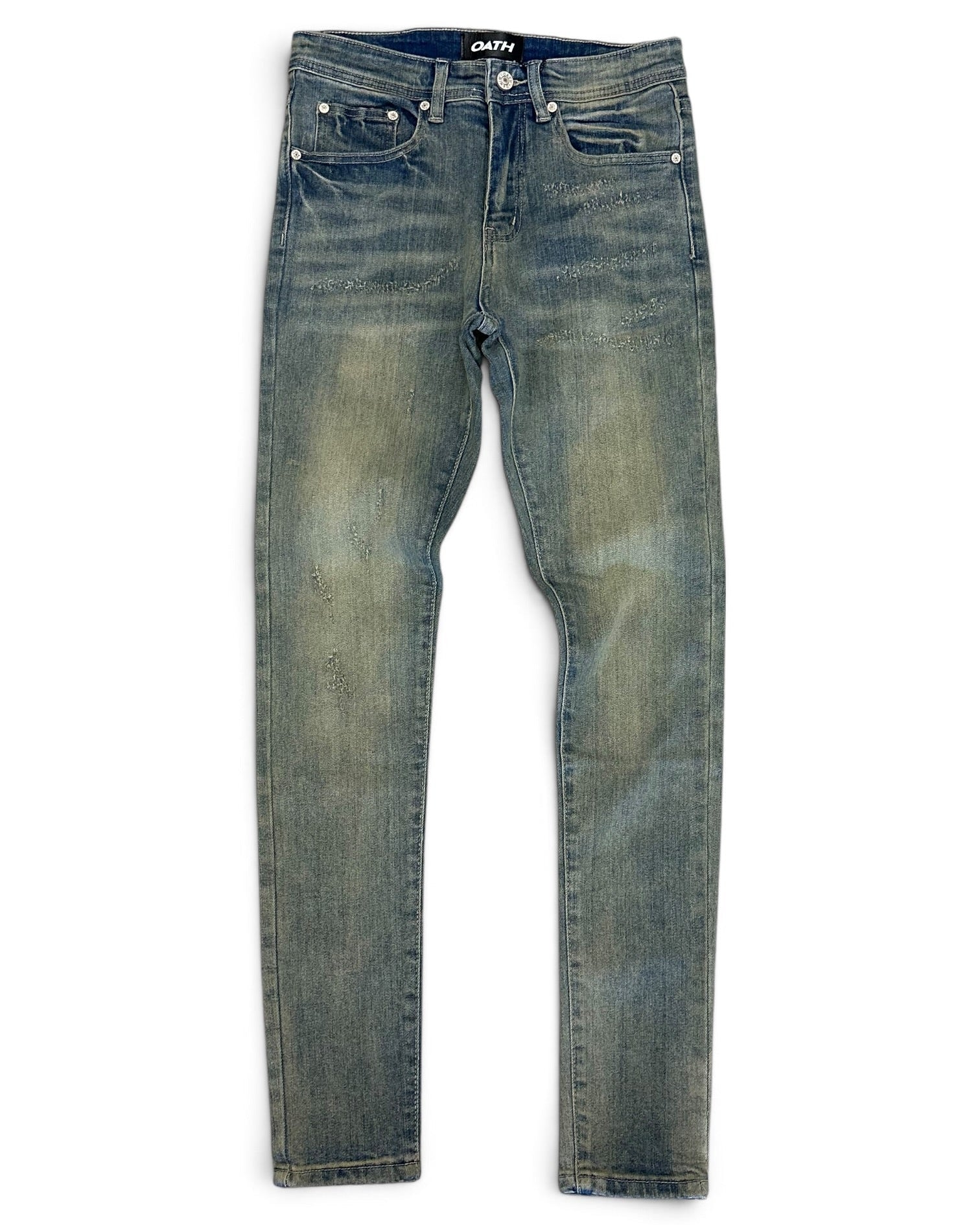 A pair of slim-fit blue jeans with a faded, distressed wash, laid flat against a white background. The brand name 'GABRIEL' is visible on the inner waistband label.