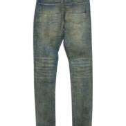 Back view of slim-fit blue denim jeans with a faded wash, showing the back pockets and waistband on a white background.