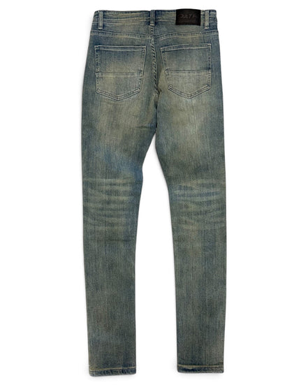 Back view of slim-fit blue denim jeans with a faded wash, showing the back pockets and waistband on a white background.