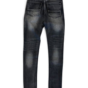 Back view of dark gray washed denim jeans with a slim fit, showing the back pockets and fading on the thighs, set against a plain white background.
