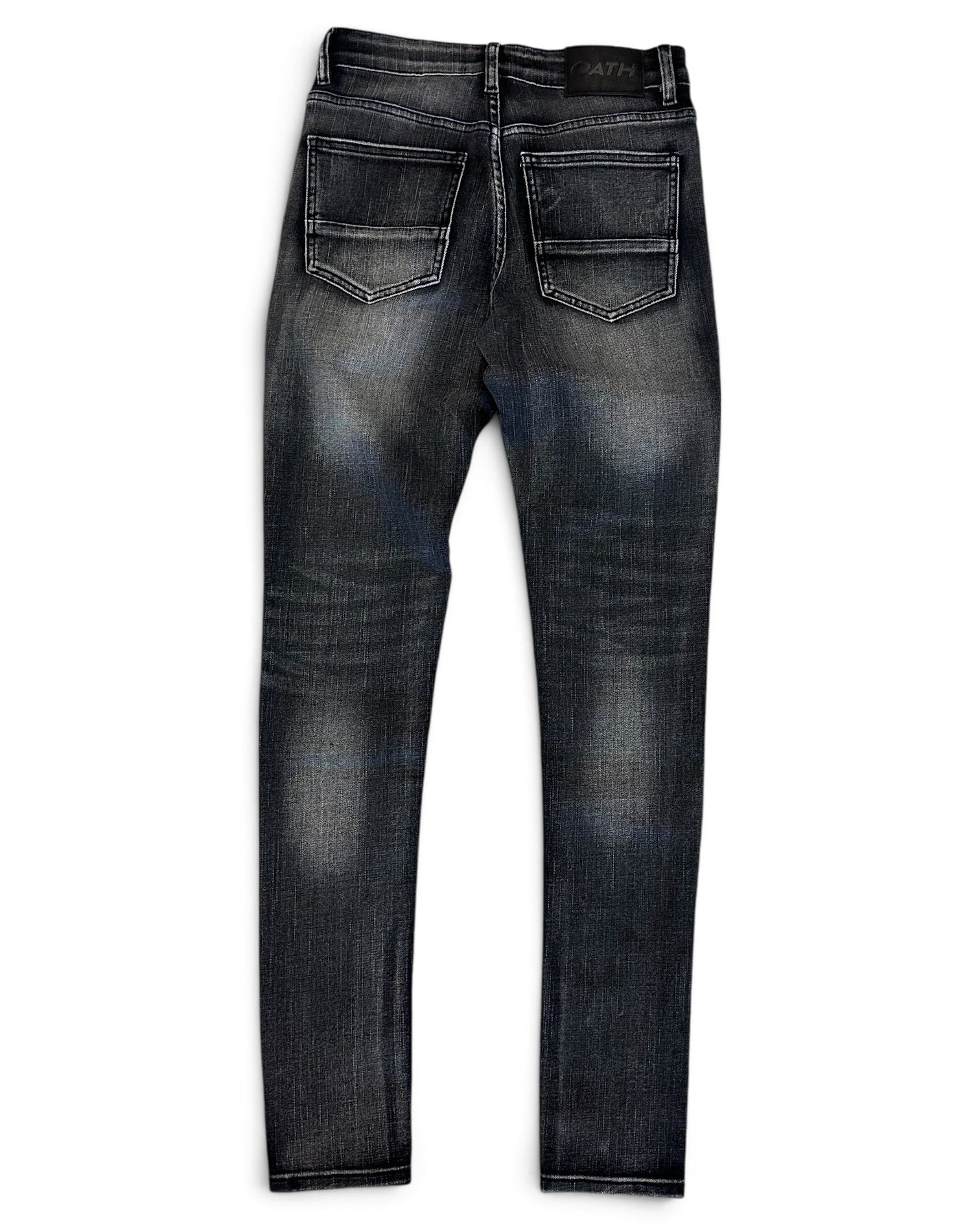 Back view of dark gray washed denim jeans with a slim fit, showing the back pockets and fading on the thighs, set against a plain white background.