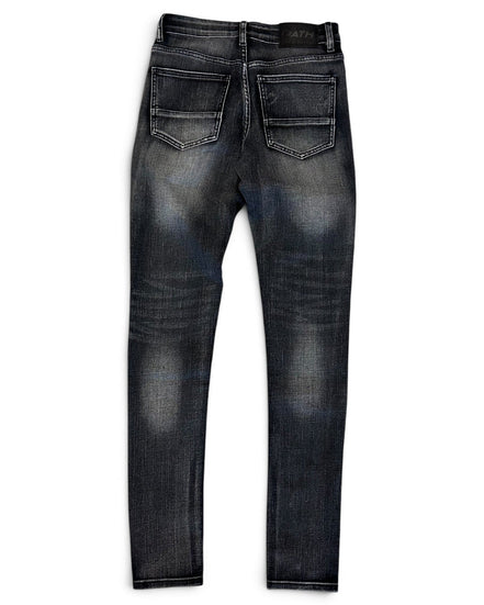Back view of dark gray washed denim jeans with a slim fit, showing the back pockets and fading on the thighs, set against a plain white background.