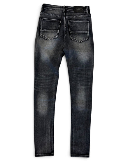 Back view of dark gray washed denim jeans with a slim fit, showing the back pockets and fading on the thighs, set against a plain white background.