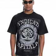 Man wearing a black t-shirt with white text and graphics on a white background