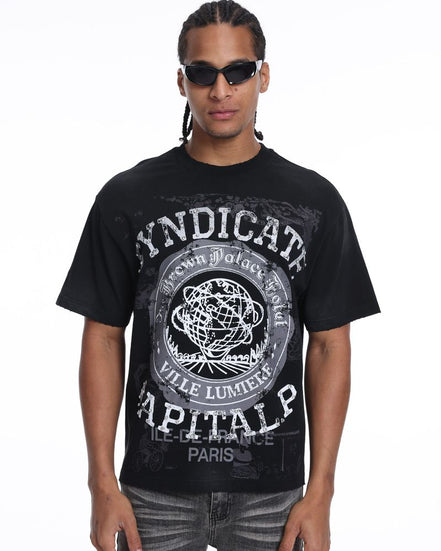Man wearing a black t-shirt with white text and graphics on a white background