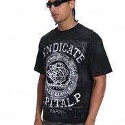 Man wearing a black t-shirt with white text and graphics on a white background