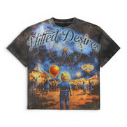A short-sleeve crewneck t-shirt featuring a detailed graphic print of the text 'Vtilted Desires', showing a carnival scene with a Ferris wheel, hot air balloon, and a child in the foreground, set against a plain white background.