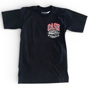 Black t-shirt with red and white graphic design on a white background
