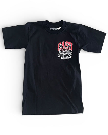 Black t-shirt with red and white graphic design on a white background