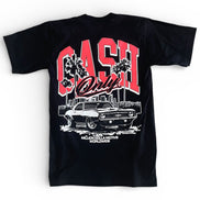 Black t-shirt with 'Cash Only' graphic design featuring a car on a white background