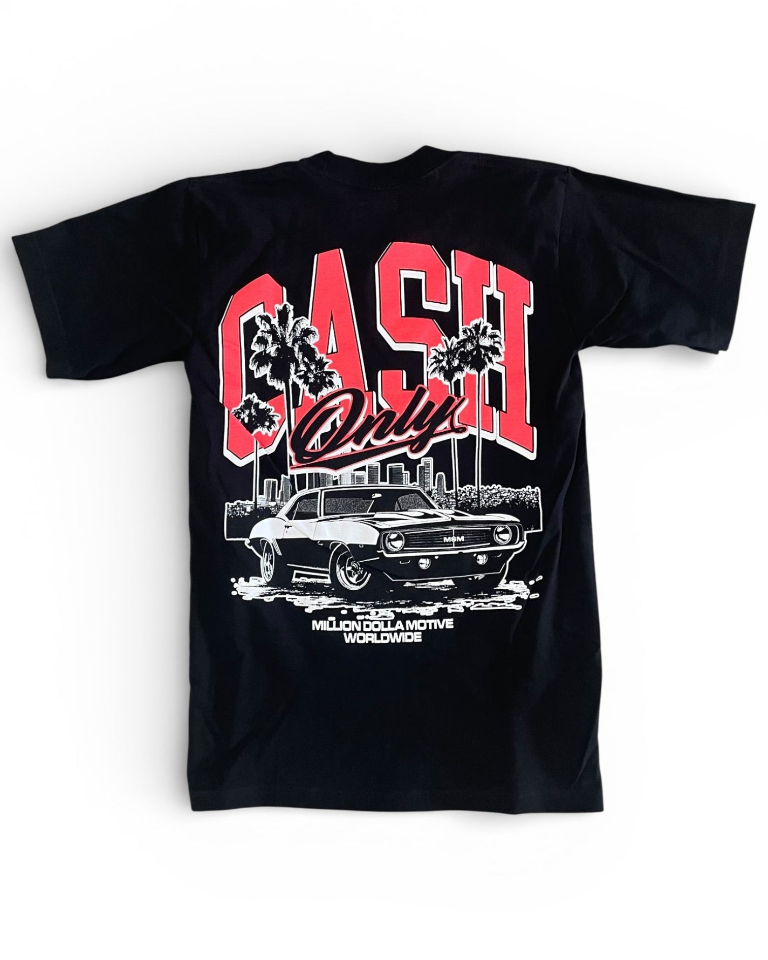 Black t-shirt with 'Cash Only' graphic design featuring a car on a white background