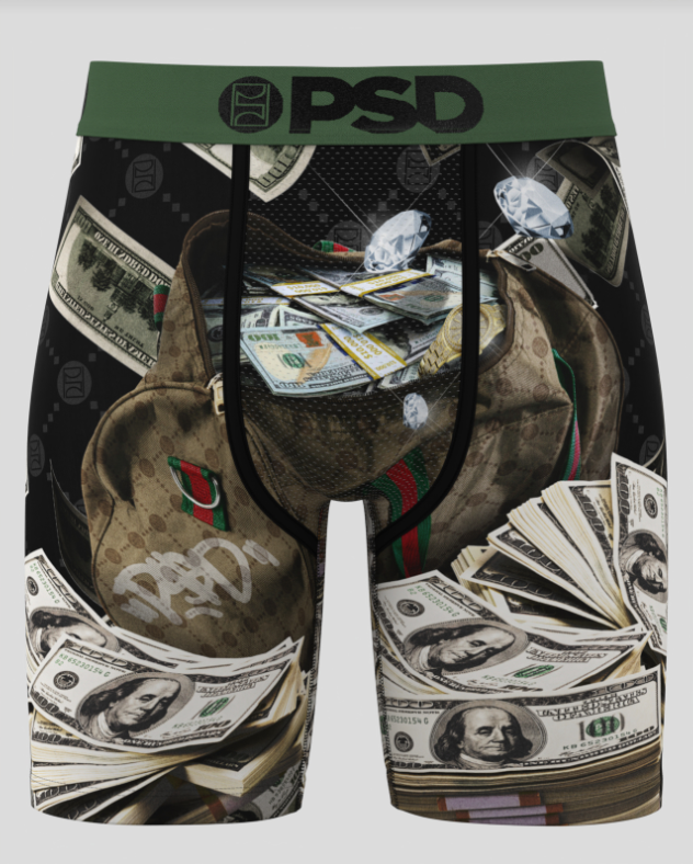 Underwear with money and bag design featuring 'PSD' brand on a white background