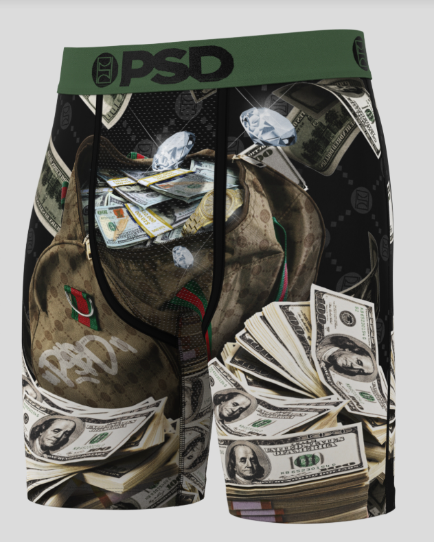 Boxer briefs with money design on a white background