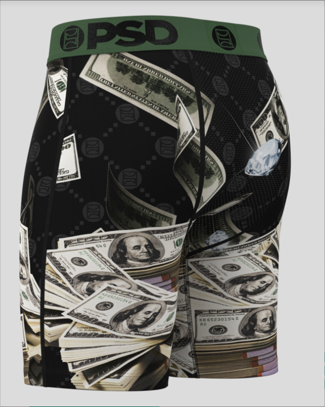 Boxer briefs with dollar bill design and 'PSD' branding on a gray background