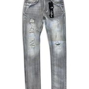 Light gray washed denim jeans with distressed rips on the front, shown flat against a white background with a black brand tag attached.