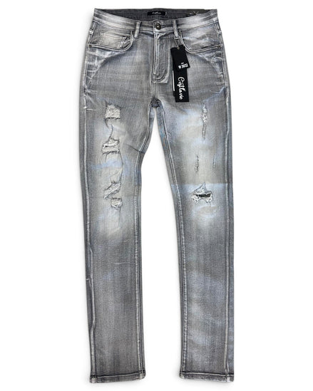 Light gray washed denim jeans with distressed rips on the front, shown flat against a white background with a black brand tag attached.