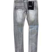 Back view of a pair of slim-fit jeans in a washed gray denim wash, featuring black brand patches on the back pockets and waistband.
