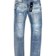 Light blue distressed skinny jeans with ripped details on the thighs and knees, shown flat against a white background with a black brand tag attached.