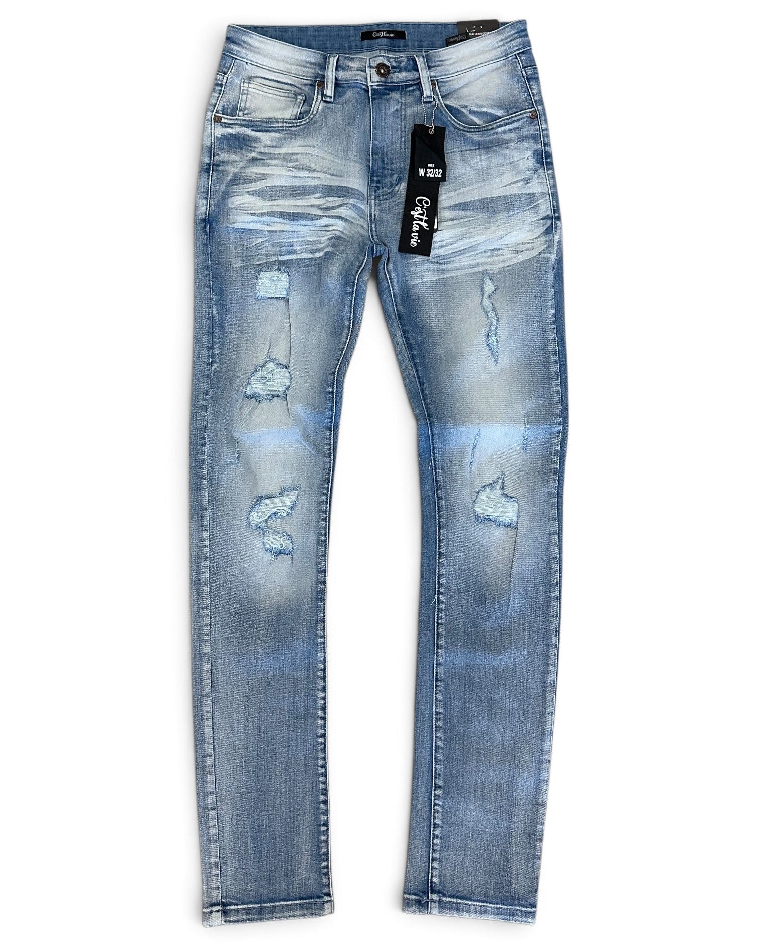 Light blue distressed skinny jeans with ripped details on the thighs and knees, shown flat against a white background with a black brand tag attached.