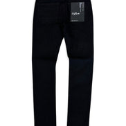 Black denim jeans shown from the back, featuring a black paper brand tag on the right side of the waistband and a black leather patch on the back waist, photographed against a plain white background.