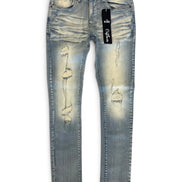 Light blue distressed skinny jeans with faded wash and ripped details, shown flat against a white background with a black brand tag attached.