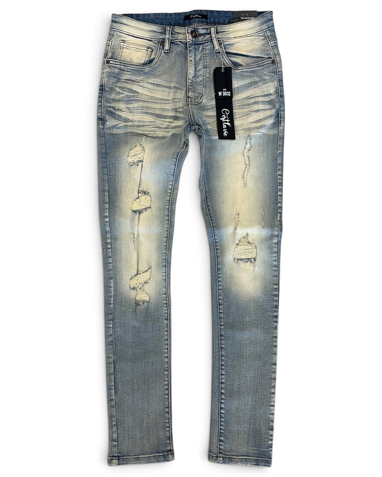 Light blue distressed skinny jeans with faded wash and ripped details, shown flat against a white background with a black brand tag attached.