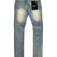 Back view of light blue denim jeans with a faded wash, featuring black brand patches on the back pockets and waistband.