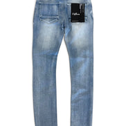 Light blue denim jeans shown from the back, featuring a faded wash, two rear pockets, and black brand labels attached to the waistband and back pockets.