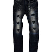 Distressed black denim jeans with faded gray wash details and ripped knee patches, shown flat against a white background with a hangtag attached.