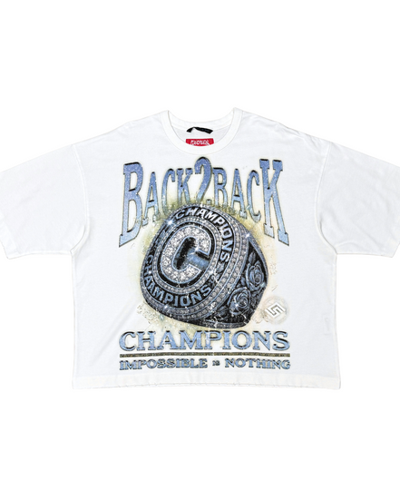 White t-shirt with 'Back2Back Champions' text and championship ring graphic on a white background