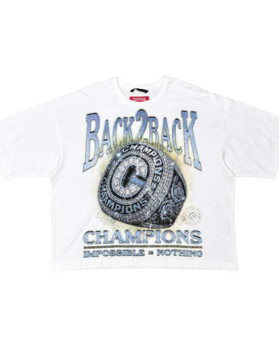 White t-shirt with 'Back2Back Champions' text and championship ring graphic on a white background