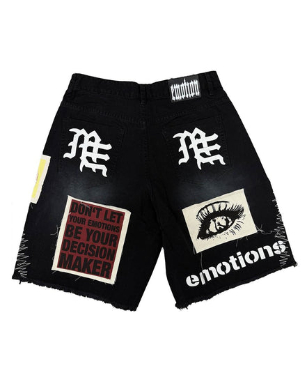 Black shorts with text and graphics on a white background