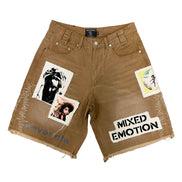 Brown denim shorts with graphic designs and text on a white background