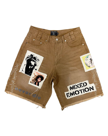 Brown denim shorts with graphic designs and text on a white background