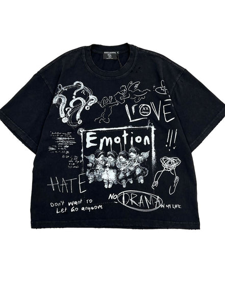 black graphic tee with graphics on the front and back, all graffiti style. 