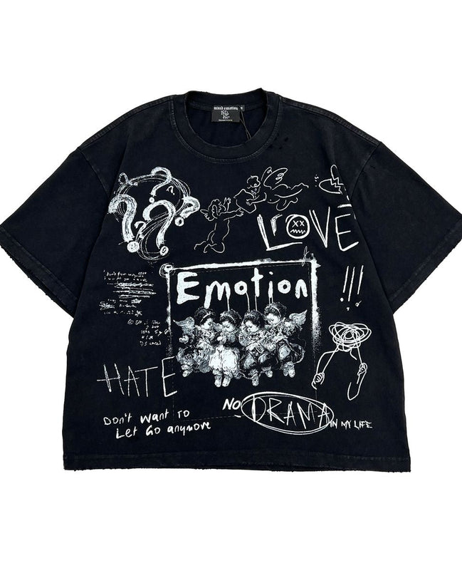 black graphic tee with graphics on the front and back, all graffiti style. 