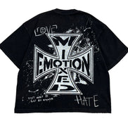 black graphic tee with a cross-like imagery showcasing the brand name 