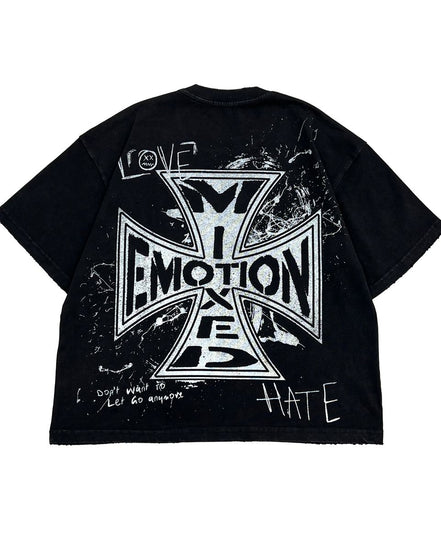 black graphic tee with a cross-like imagery showcasing the brand name "Mixed Emotions" 
