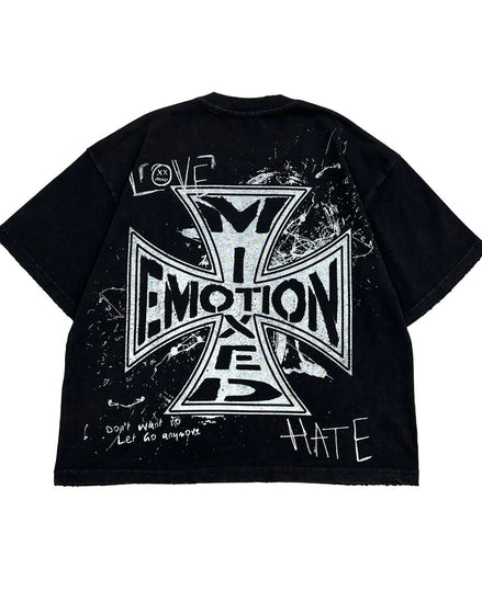 black graphic tee with a cross-like imagery showcasing the brand name "Mixed Emotions" 