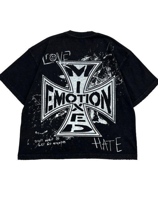 black graphic tee with a cross-like imagery showcasing the brand name "Mixed Emotions" 