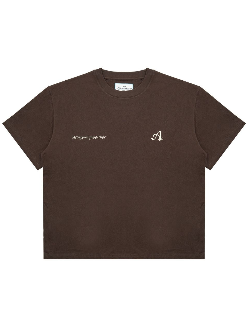 Brown t-shirt with a logo and text on a white background