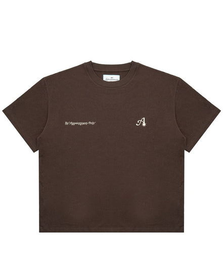 Brown t-shirt with a logo and text on a white background