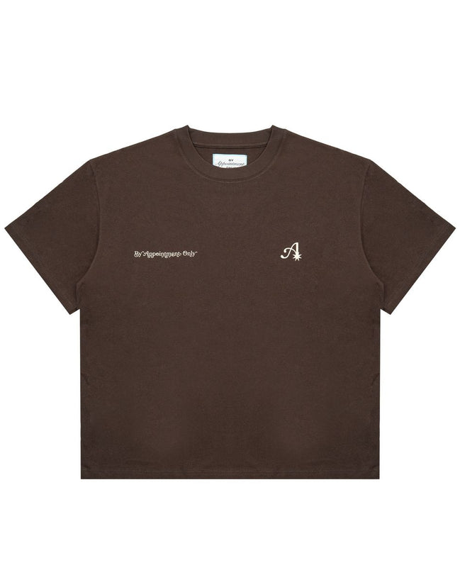 Brown t-shirt with a logo and text on a white background